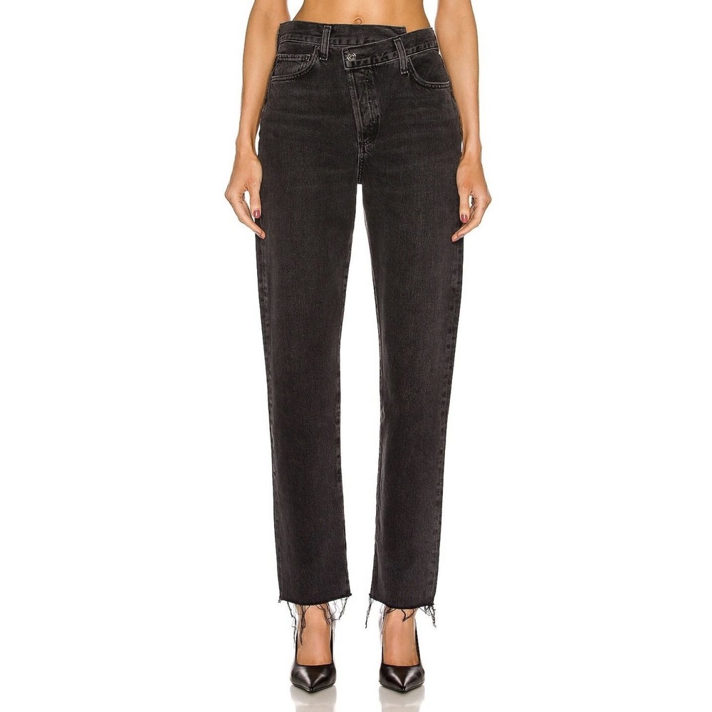AGOLDE Criss Cross Straight Jeans Womens 24 Shambles Black Raw Hem Button Fly